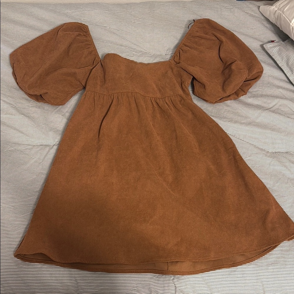 Blue Rain Brown Puff Sleeve Sundress
